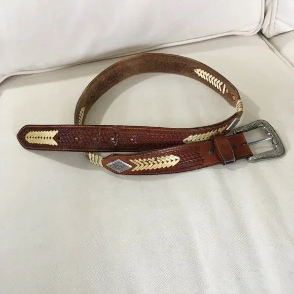 Brown Leather Western Style Belt w/Silver Details Unisex