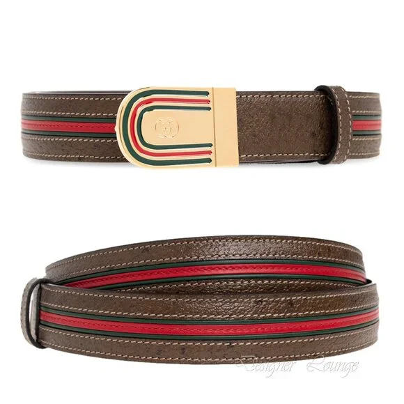 NEW GUCCI Men's Brown Leather WEB Stripe Gold GG Logo Buckle Belt Size 115