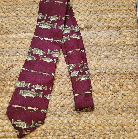 Youth Tie, Burgandy with Fish and Lures 100% silk