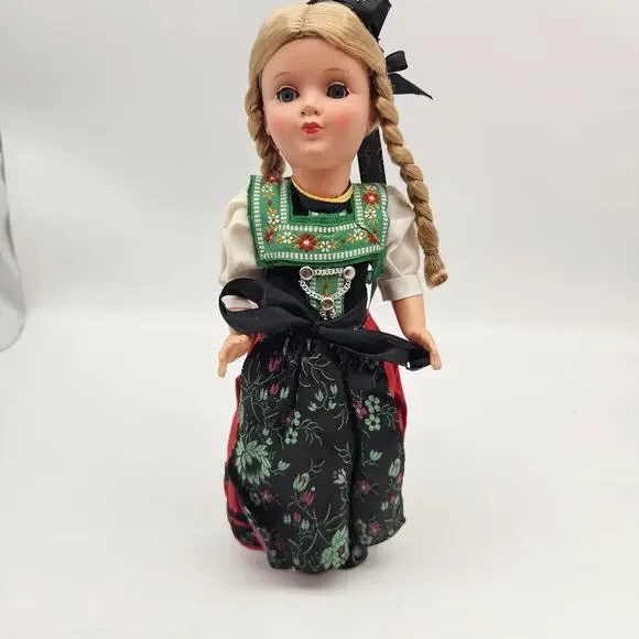 Vintage European Blonde Girl Doll Sleep Eyes Braids Folk Costume Red Dress 12 In