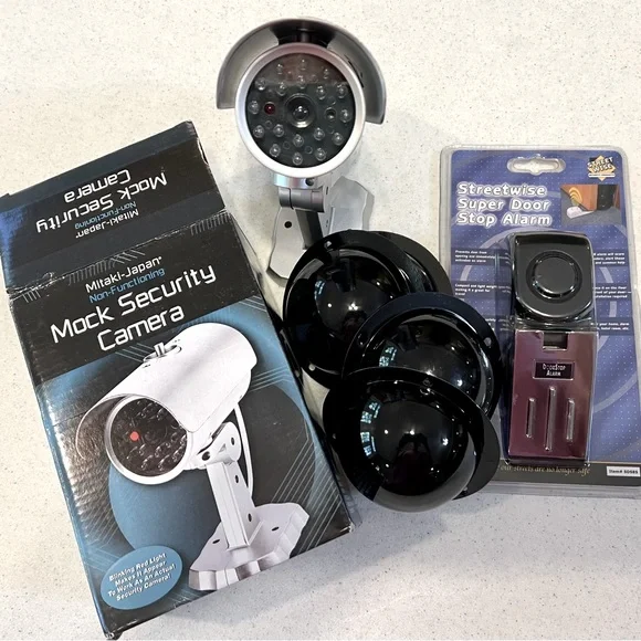 Security LOT Realistic Decoy Dummy Camera + Door Stop Alarm + Faux Camera Covers
