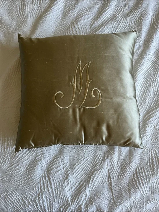 Olive Green Embroidered Monogram Pillow Luxury Designer Sample