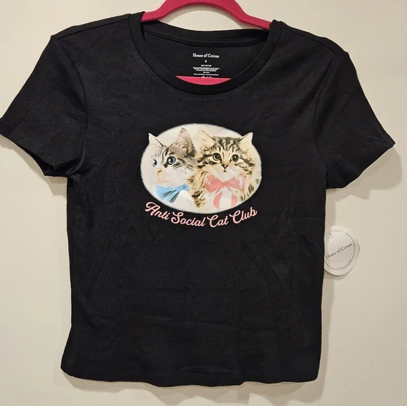 HOUSE OF COTTON ANTI SOCIAL CAT CLUB 100% COTTON CROP TEE T-SHIRT MEDIUM NWT