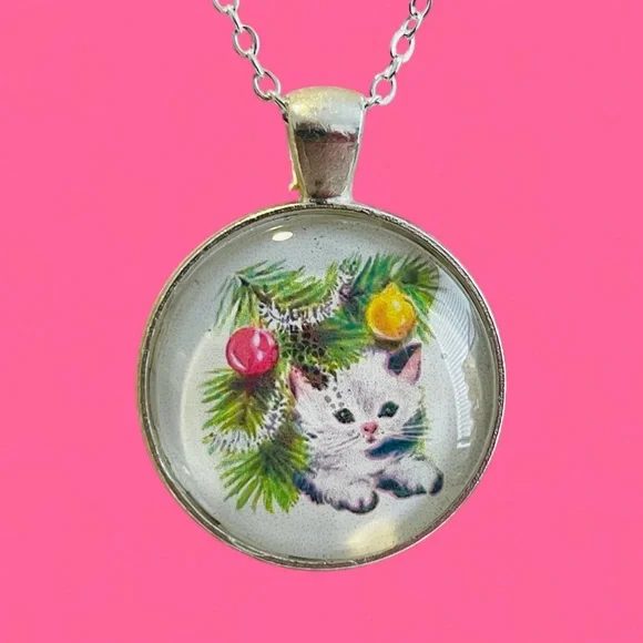 Vintage Christmas Tree ornaments Holiday White Kitten Retro Pendant Necklace