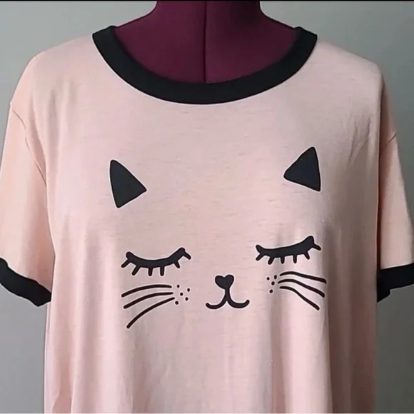 Cute Cat Face LuLaRoe Liv T-Shirt - Pink and Black