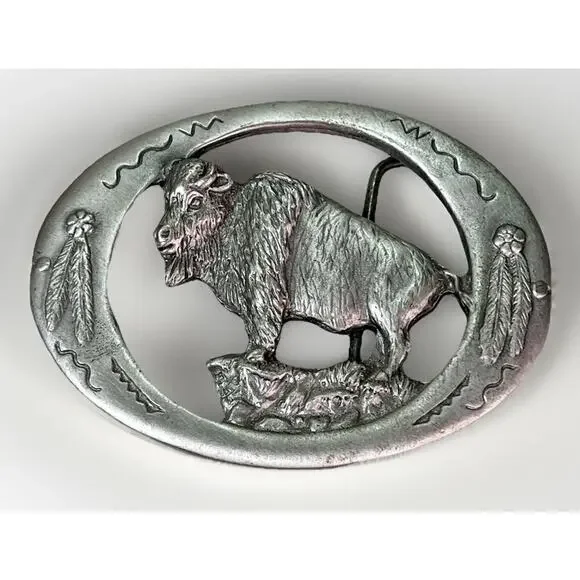 1992 Vintage Buffalo Pewter Belt Buckle Made in USA Colorado Silver Star