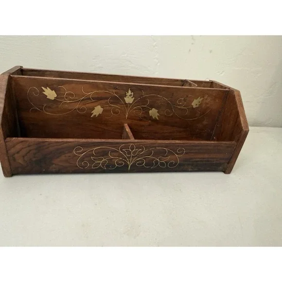 Vintage Wood Desk Organizer Brass Inlay Letter Holder Mail Sorter Paper Caddy