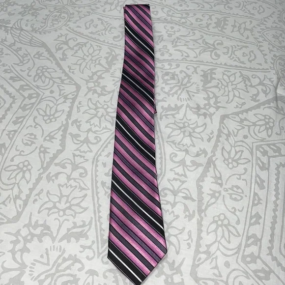 Boy’s Brung Pirttelli Silk Tie — Pink/Gray/Black/White Stripes