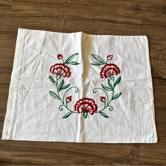 Embroidered Floral White red pillow shams vintage set of 2