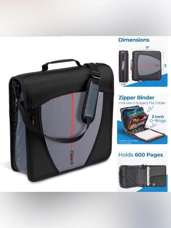 Case It Zipper Binder Organizer Black 3 Ring School Bag Removable Strap