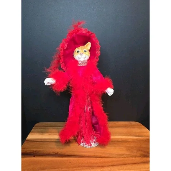 Vintage Fancy Victorian Style Red Glamour Puss Cat on Pedestals Velvet Resin