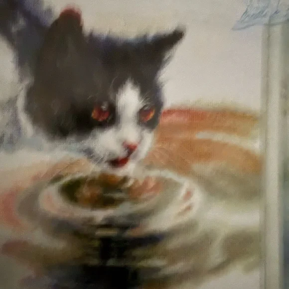 Cross stitch pattern black and white cat drinking water