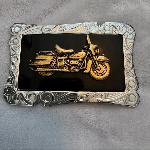 Vintage Baun Belt Buckle Motorcycle‎ Design Black Enamel Silver Frame 3.5”
