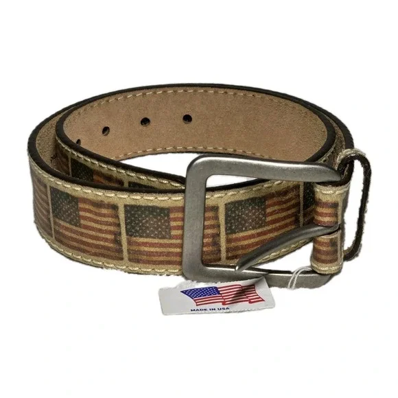 NWT Justin Size 30 Top Grain Leather Belt American Flag Made In USA