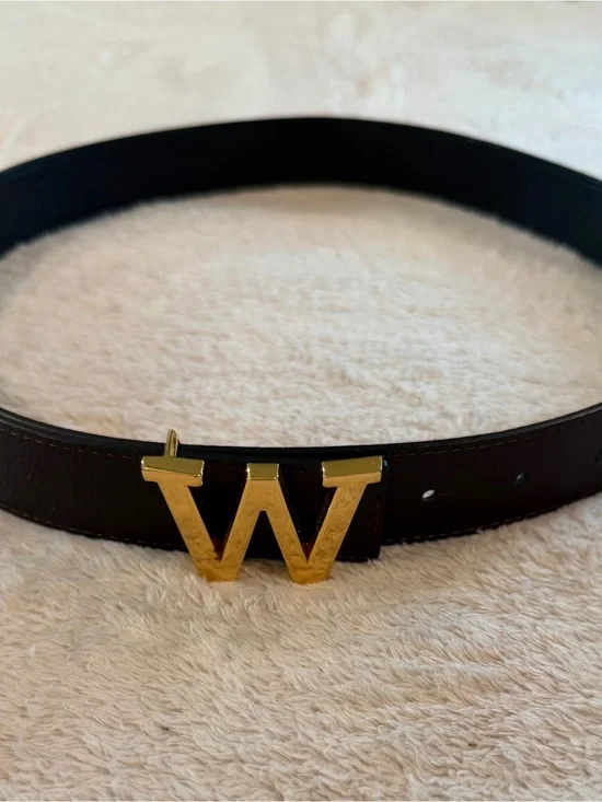 W Monogram Leather Belt with Gold Buckle - Black 39” long