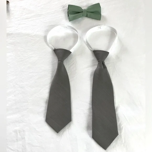 Boys formalwear accessories: 2 gray suspenders & adjustable ties, green bow tie