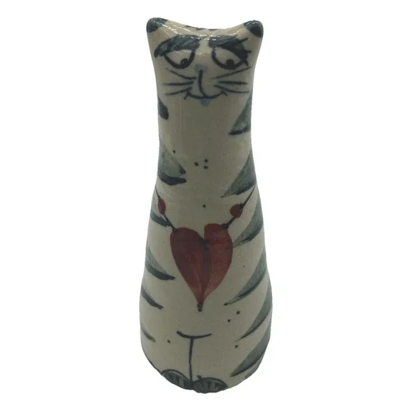 Smiling Cat Figure Vintage Art Ceramic Stripes w/Heart Necklace Whimsy Signed 4
