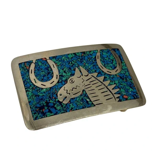 Vintage Western Belt Buckle Horse & Horseshoe Turquoise Inlay‎ Metal
