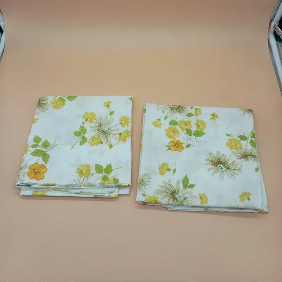 Vintage 1970s/1980s Floral Cotton Pillow Cases Yellow Blue GUC