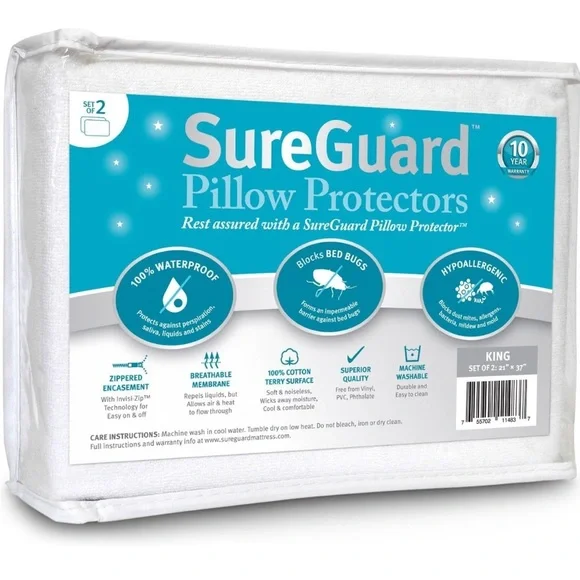 White Hypoallergenic Waterproof Pillow Protectors. Set of 2.