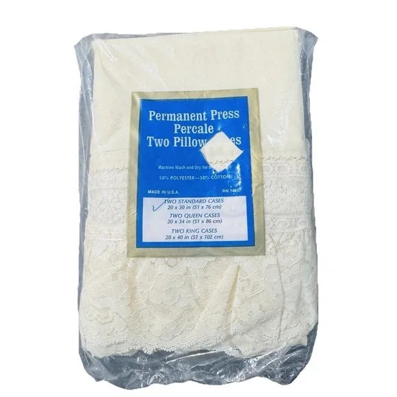 NOS Vintage Ivory Permanent Press Percale Pillowcases Bridal Lace Trim 20x30 USA
