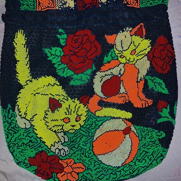 Vibrant Cat-Themed Beaded Bag with Yellow and Orange Accents
