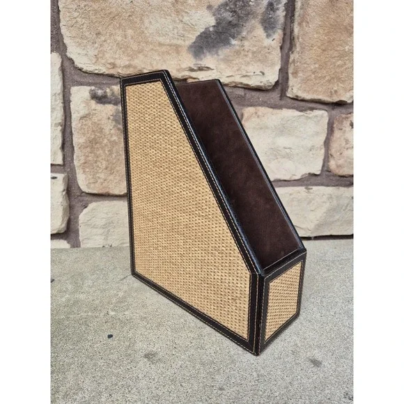 Rattan Magazine Holder Faux Leather Desk File Organizer Safari Woven Storage