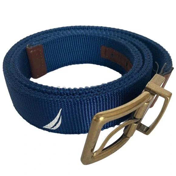 NAUTICA Sailboat Belt Navy Blue Brass Buckle Leather Trim Size 32
