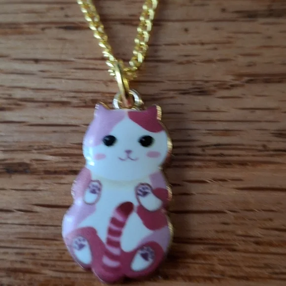 Gold and Pink Cat Pendant Measures 7/8