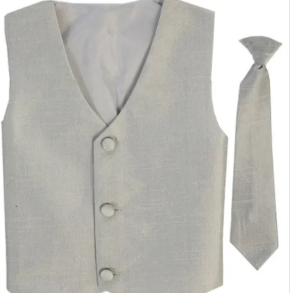 NWT Lito Boys Easter Ring Bearer Vest & Clip Neck Tie Set Silver 3-12 mos