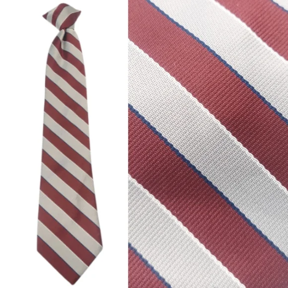 CLIP ON Burgundy and Gray with Blue & White Stripe Tie