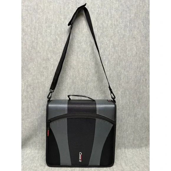 Case-it Zipper Binder Black Gray 3 Ring Expandable Shoulder Strap Handle