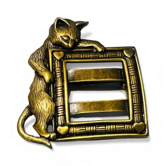 Vintage Signed JJ Bronze Ton Cat With Frame Brooch Pin