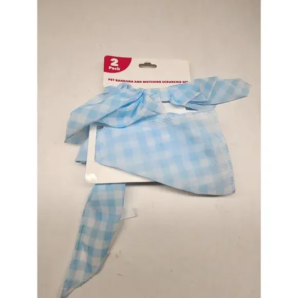 2 Pack Pet Bandana And Matching Scrunchie Set Light Blue Checkered