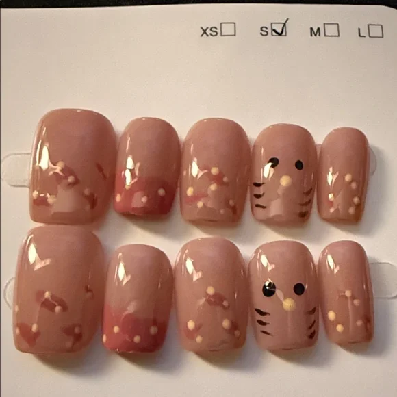 Cat-Themed Pink Nail Set Small Short