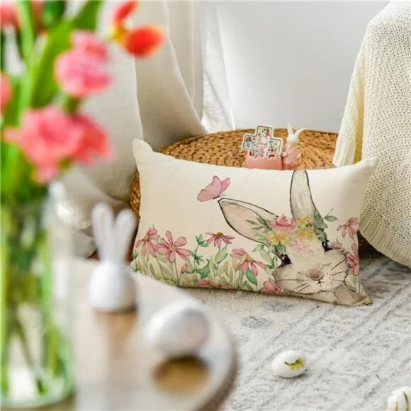Easter Floral Garland Bunny Throw Pillow Cover, 12 x 20 Inch