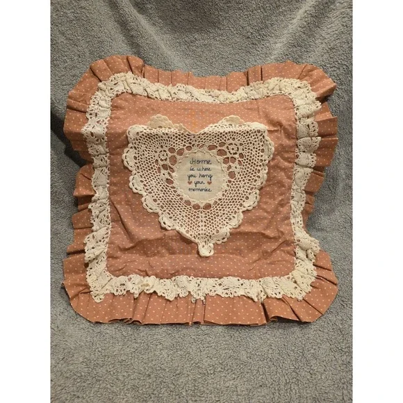 Square Pink Hearts Ruffled Pillow Case 16x16 Lace And Cross Stich Cottagecore