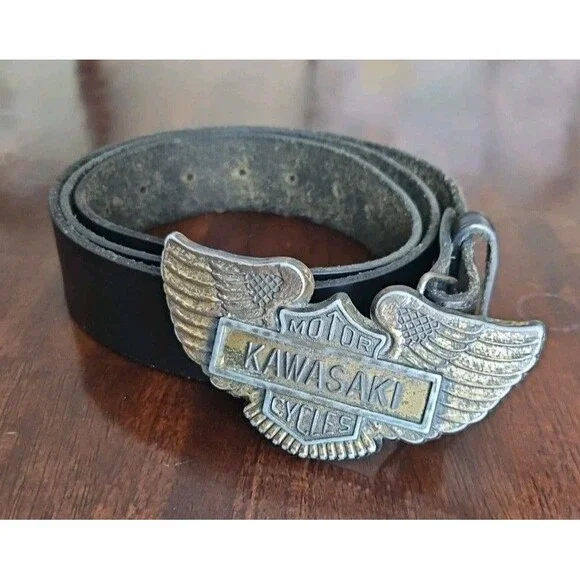 Vintage Kawasaki Motorcycles Buckle With Black Leather Belt, 49