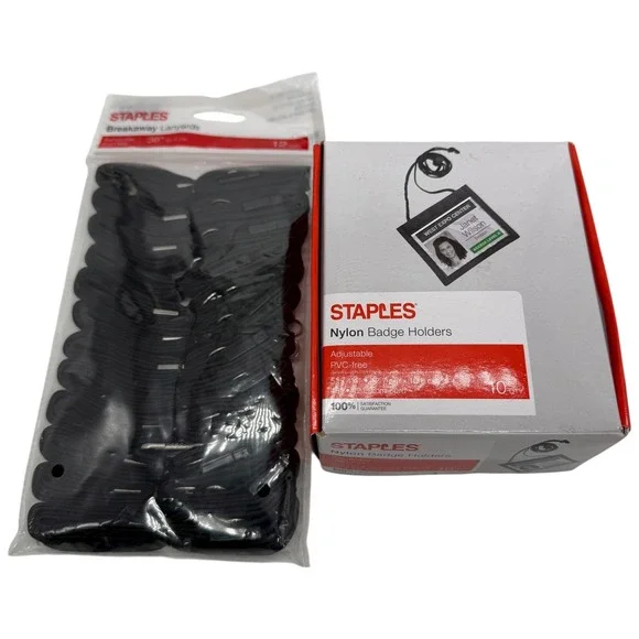 Staples Nylon Badge Holders Adjustable PVC‎ Free 10 QTY & Breakaway Lanyards