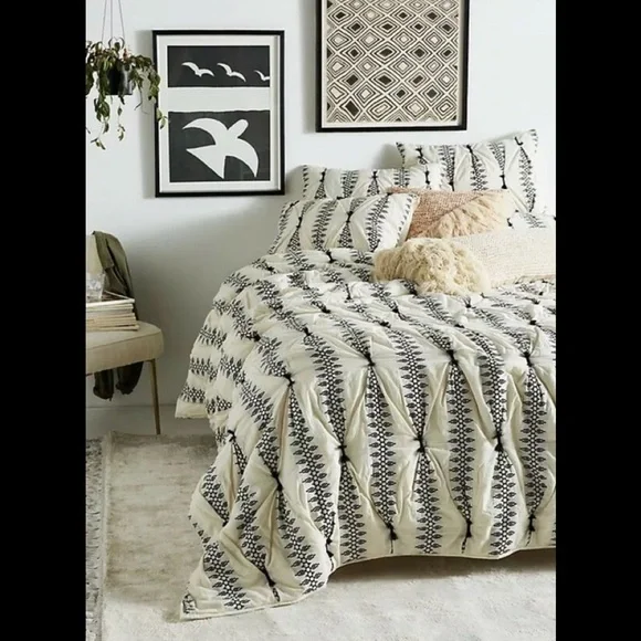 Anthropologie Embroidered Lilou Euro Shams (2) Cream and Black Design​​​​​​​​​