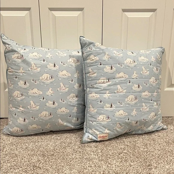 Cath Kidston Polar Ice Blue 2 Holiday Pillows Euro Shams Polar Bear and Penguins