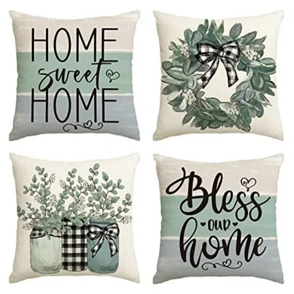 4 Pack Fall Sweet Home Eucalyptus Lamb Ear Wreath Throw Pillow Covers NO INSERT
