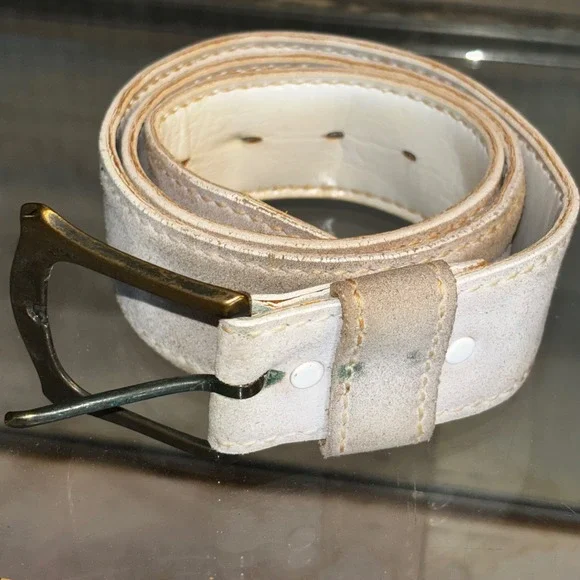 Vintage Lee Tan Brushed Cowhide Leatherette Belt Off White Bronze Buckle Size 36