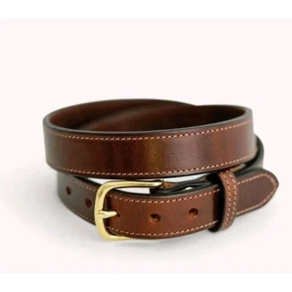 Clayton & Crume Traditional Stitched Leather Belt Size 38 Brown Brass Buckle