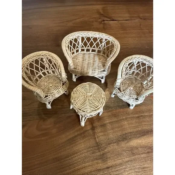 4pc LOT Set VTG Mini Dollhouse Doll Wicker Furniture Patio Chair Bench Stool