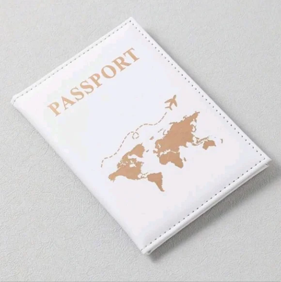 White and Gold Passport Holder Cover With World Map Airplane Design