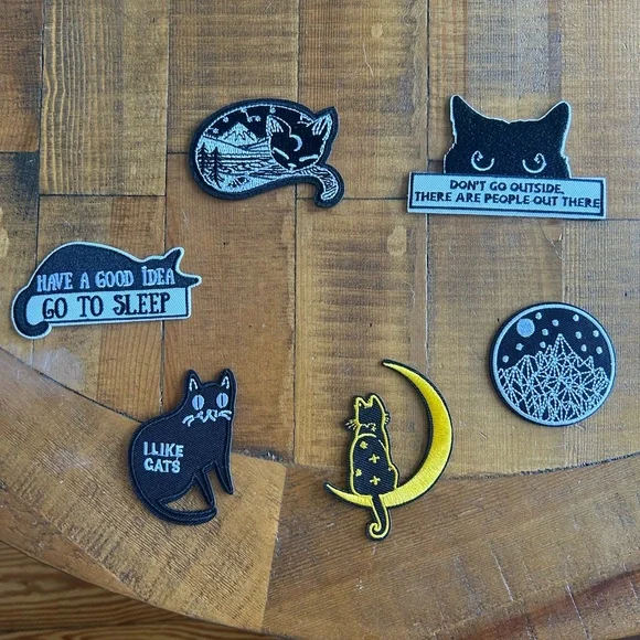 Cat-Themed Embroidered Patch Set - Black and Yellow
