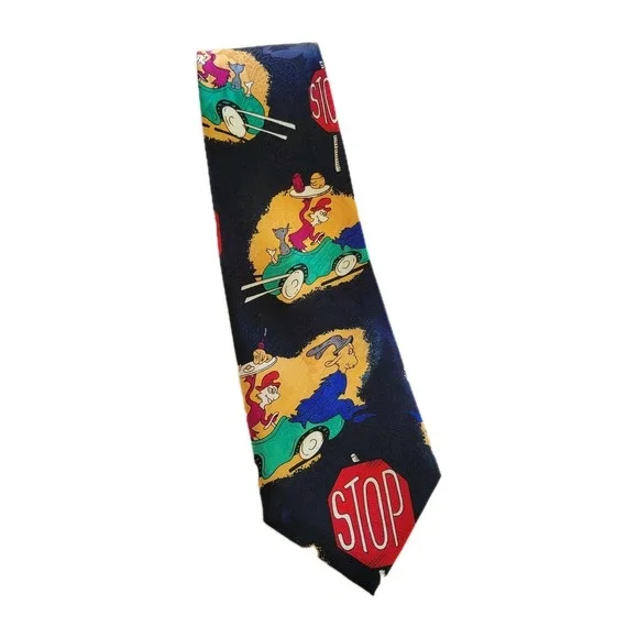 Vintage Dr. Seuss Novelty Necktie Cat in the Hat Driving Car STOP Sign Print