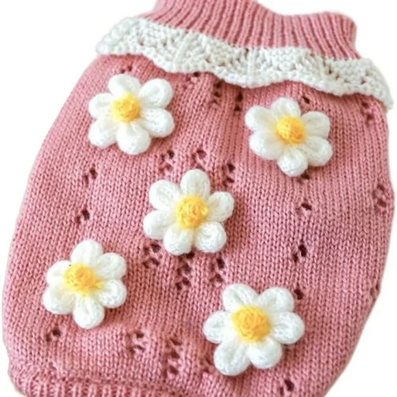 Dog Sweater Warm and Knitted Sweater Dog Flower Pattern -3 left Small