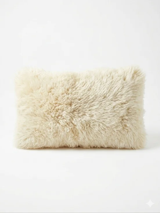 Genuine Sheepskin Fur Lumbar Pillow 12x20 Cream Microsuede Back Luxe